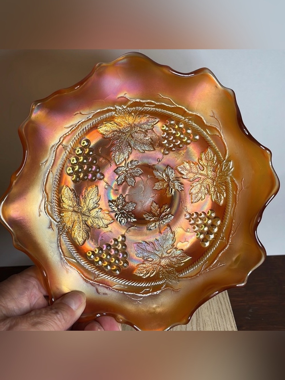 Vintage Fenton Marigold Carnival Glass Bowl – Grape & Cable Ruffled